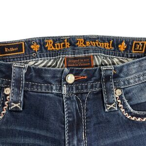 Rock Revival Esther Bootcut Blue Jeans Womens 33 x 32 Embroidered Fleur De Lis